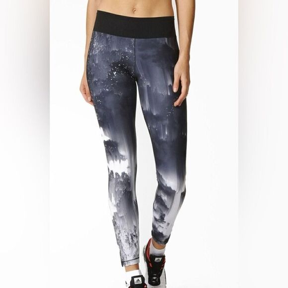 Adidas Climalite Black & White & Grey Tie Dye Mid Rise Activewear Legging - Picture 1 of 10
